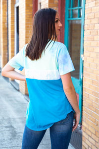 YELLOW AND BLUE TIE DYE WITH IRIDESCENT SEQUIN AND SOLID JADE BASIC COLOR BLOCK TOP