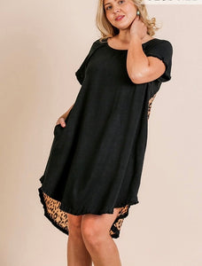 Short Sleeve Round Neck Animal Print Back Dress with High Low Fishtail Scoop Ruffle Hem