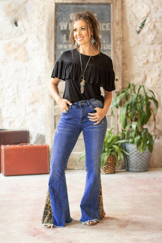 Mid Wash Flare Jeans with Leopard Insert