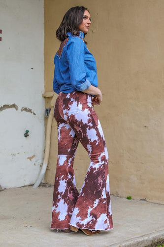 COW PRINT DENIM STRETCH FLARE JEANS