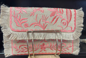 Straw Embroidered Clutch with Fringe