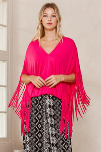 Solid Print Short Sleeves Fringe Poncho