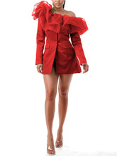 Load image into Gallery viewer, Off the Shoulder Tulle Ruffle Satin Blazer