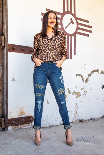 Dark Wash With Leopard Patches Jeans