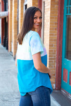 Load image into Gallery viewer, YELLOW AND BLUE TIE DYE WITH IRIDESCENT SEQUIN AND SOLID JADE BASIC COLOR BLOCK TOP