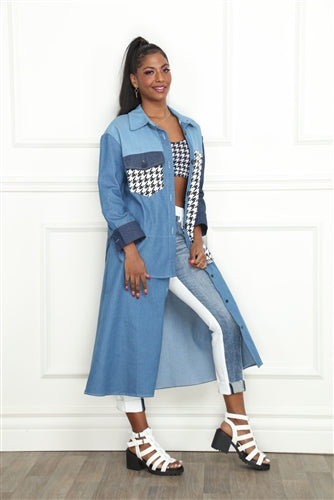 Houndstooth Button Denim Down Dress