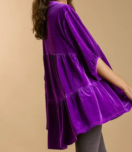 Velvet 3/4 Sleeve Collar Button Down Tunic Dress Top with Tiered Back