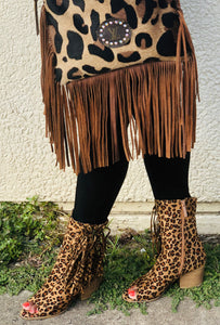 LEOPARD SIDE FRINGE ANKLE BOOTS