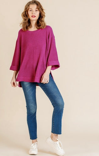 High Low Side Slit Waffle Knit Rolled Sleeve Top