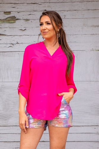 NEON PINK SHEER TOP WITH CURVED HEM
