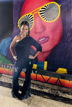 Load image into Gallery viewer, Dark Wash Flare Jeans with Fringe and Rips