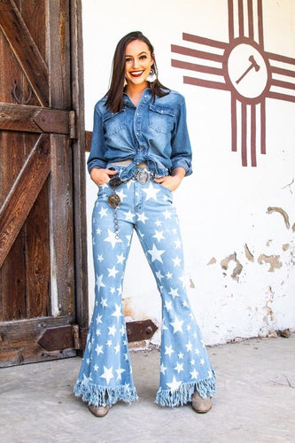 Star Print High Rise Frayed Jeans