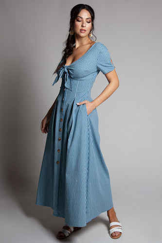 Striped Denim Halter Knot Dress w/Pockets