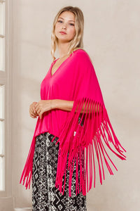 Solid Print Short Sleeves Fringe Poncho