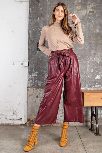 DEEP PLUM FAUX LEATHER WIDE LEG PANTS