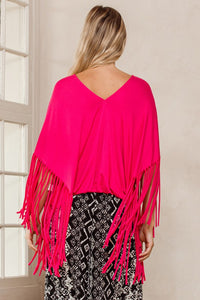 Solid Print Short Sleeves Fringe Poncho