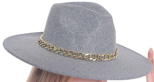 Wide Brim Solid with Chain Fedora Hat