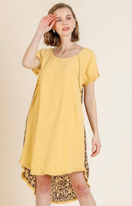 Short Sleeve Round Neck Animal Print Back Dress with High Low Fishtail Scoop Ruffle Hem