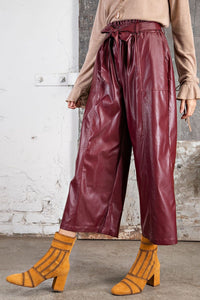 DEEP PLUM FAUX LEATHER WIDE LEG PANTS