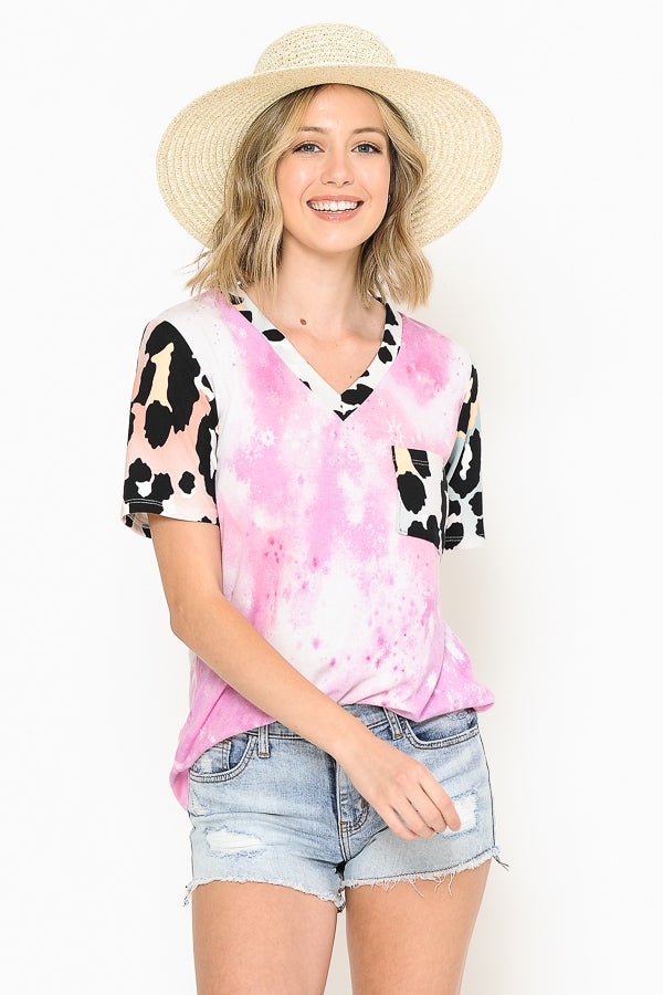 TIE DYE & ANIMAL PRINT SLEEVES CONTRAST TOP
