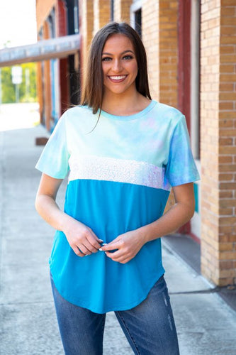 YELLOW AND BLUE TIE DYE WITH IRIDESCENT SEQUIN AND SOLID JADE BASIC COLOR BLOCK TOP