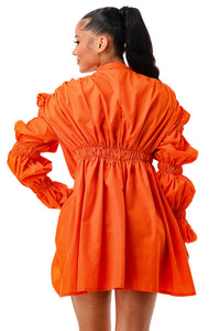 Ruched Long Puff Sleeve Mini Top Dress