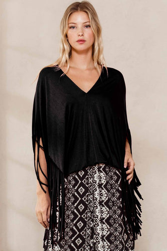 Solid Print Short Sleeves Fringe Poncho