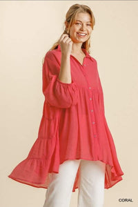 COLLAR BUTTON DOWN BACK TIERED TUNIC