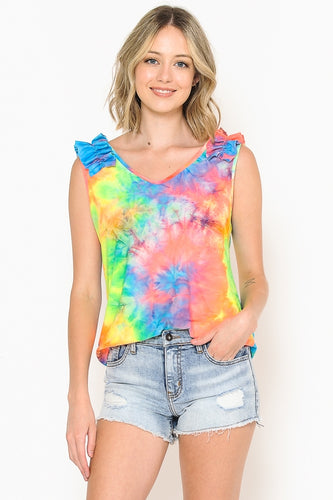 TIE DYE PRINT V-NECK TOP WITH RUFFLED SHOULDER