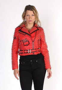 RED FAUX LEATHER STUD JACKET
