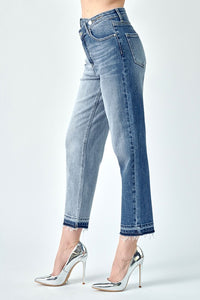 HIGH-RISE CROSSOVER TWO TONE JEANS