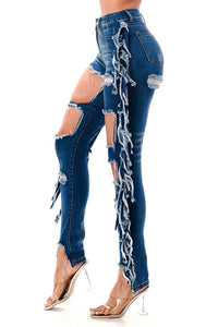 Side Fringe Distressed Frayed Denim Jeans