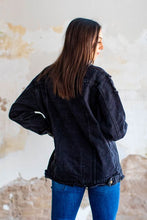 Load image into Gallery viewer, DISTRESSED BLACK STONE WASH DENIM JACKET