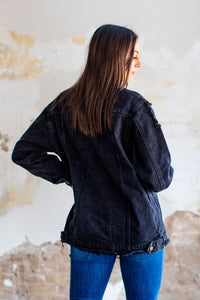 DISTRESSED BLACK STONE WASH DENIM JACKET