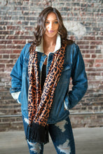 Load image into Gallery viewer, AMBER LEOPARD SCARF W/ BLACK FRINGE