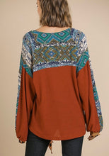 Load image into Gallery viewer, Animal and Scarf Mixed Print Long Waffle Knit Puff Sleeve Round Neck Top
