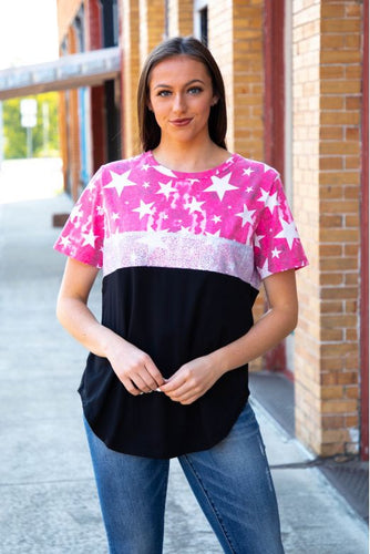 NEON TIE DYE STAR WITH SILVER SEQUIN AND SOLID BLACK BASIC COLOR BLOCK TOP