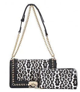 LEOPARD BAG WITH CHAIN TRIM AND WALLET