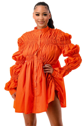 Ruched Long Puff Sleeve Mini Top Dress