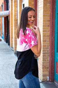 NEON TIE DYE STAR WITH SILVER SEQUIN AND SOLID BLACK BASIC COLOR BLOCK TOP