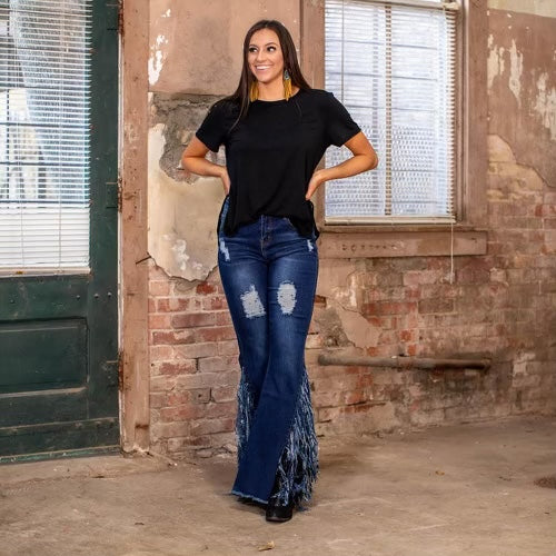 Dark Wash Flare Jeans with Fringe and Rips