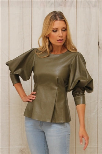 Faux Leather Puff Sleeve Top