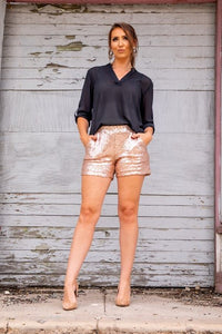 ROSE GOLD SEQUIN SHORTS WITH SIDE POCKETS