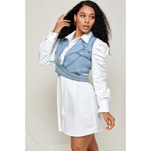 Shirt Dress With Wrap Around Collar Denim Vest