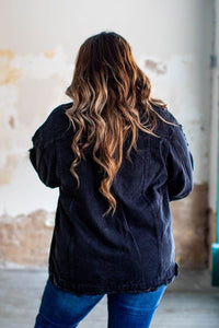 DISTRESSED BLACK STONE WASH DENIM JACKET