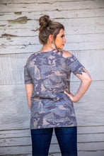 Load image into Gallery viewer, Vintage Camo Cold Shoulder Criss Cross Top Plus