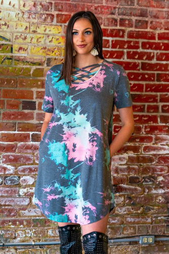 BLACK GREEN PINK TIE DYE FLUTTER DRESS WITH POCKETS