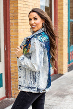 Load image into Gallery viewer, DISTRESSED DENIM JACKET WITH BLUE IRIDESCENT SEQUIN DETAIL