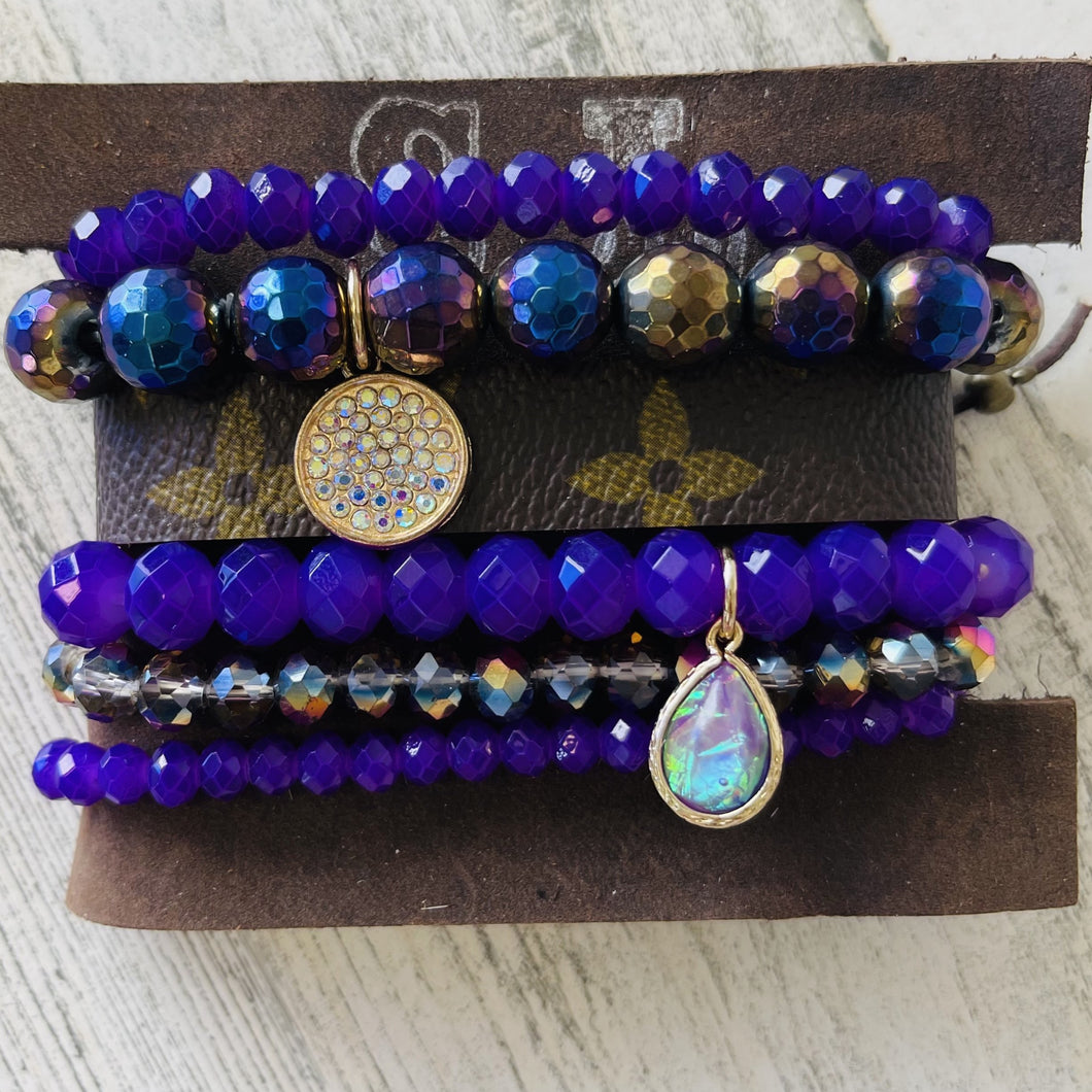 Purple Beaded Bracelet w/Upcycle Band