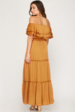 Load image into Gallery viewer, FLOUNCE OFF THE SHOULDER TIERED CRINKLED SATIN MAXI DRESS